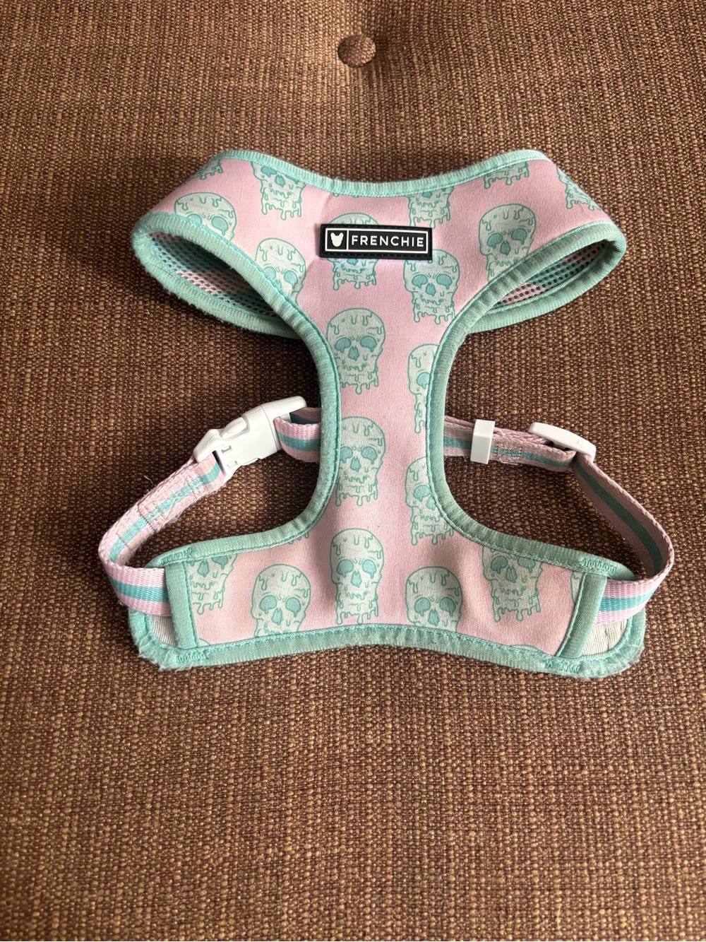 Frenchie Bulldog Reversible Pink/Mint Skull Drip Medium Dog Harness